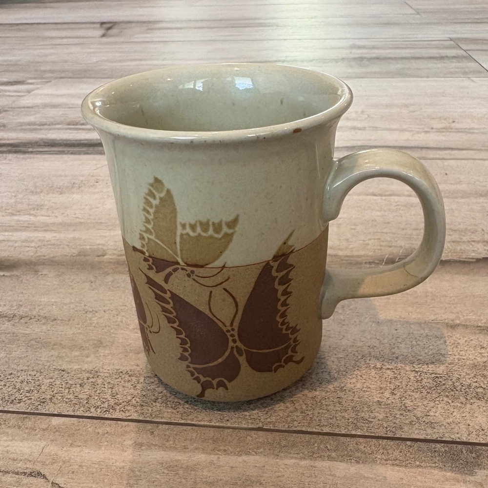 Vintage 70s Otagiri Butterfly Stoneware Coffee Mug Two Tone Cream Tan Ceramic - Picture 3 of 12